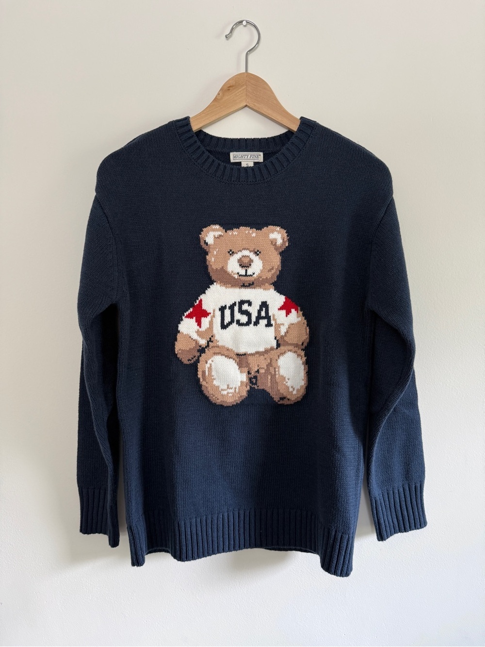 Mighty Fine Americana Navy Crewneck Sweater with Teddy Bear USA Motif